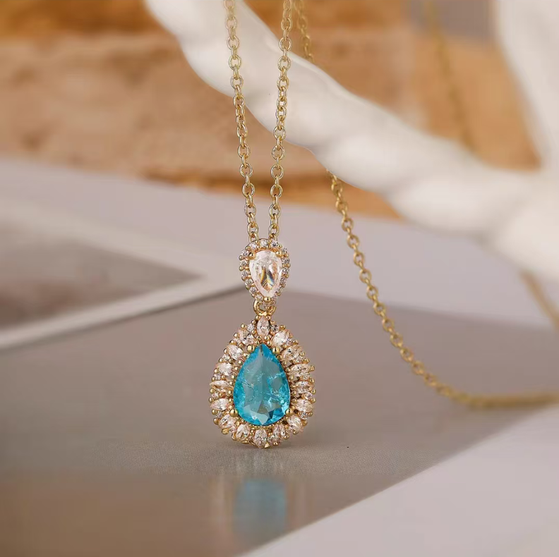 非金属合成锆石项链 澳古简约铜镀水滴锆石女时尚轻奢高级锁骨链