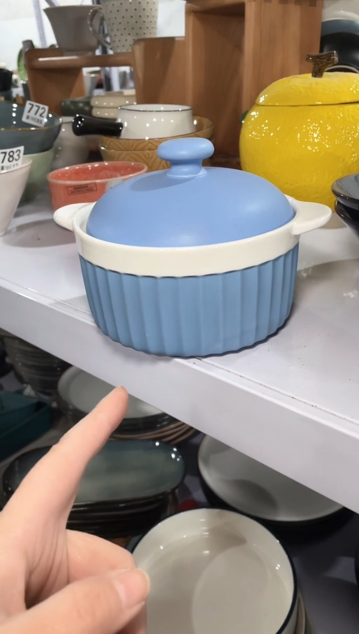 【闪购商品】碗微瑕（1个装）蓝色带盖双耳碗