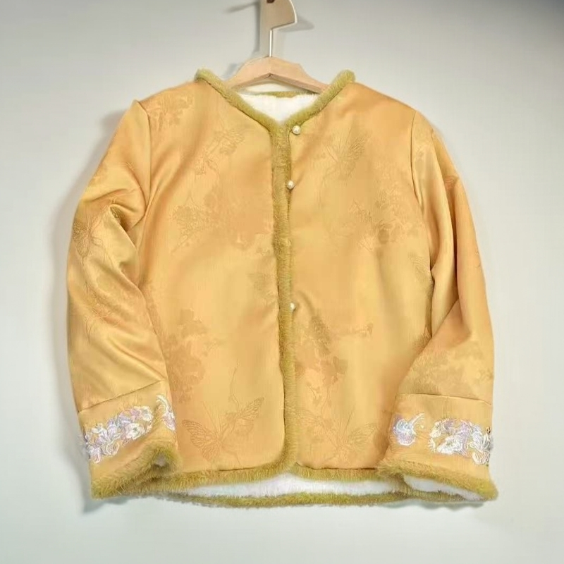 高端花萝缎袖口刺绣V领超保暖休闲加厚一体绒棉服外套2025冬季款