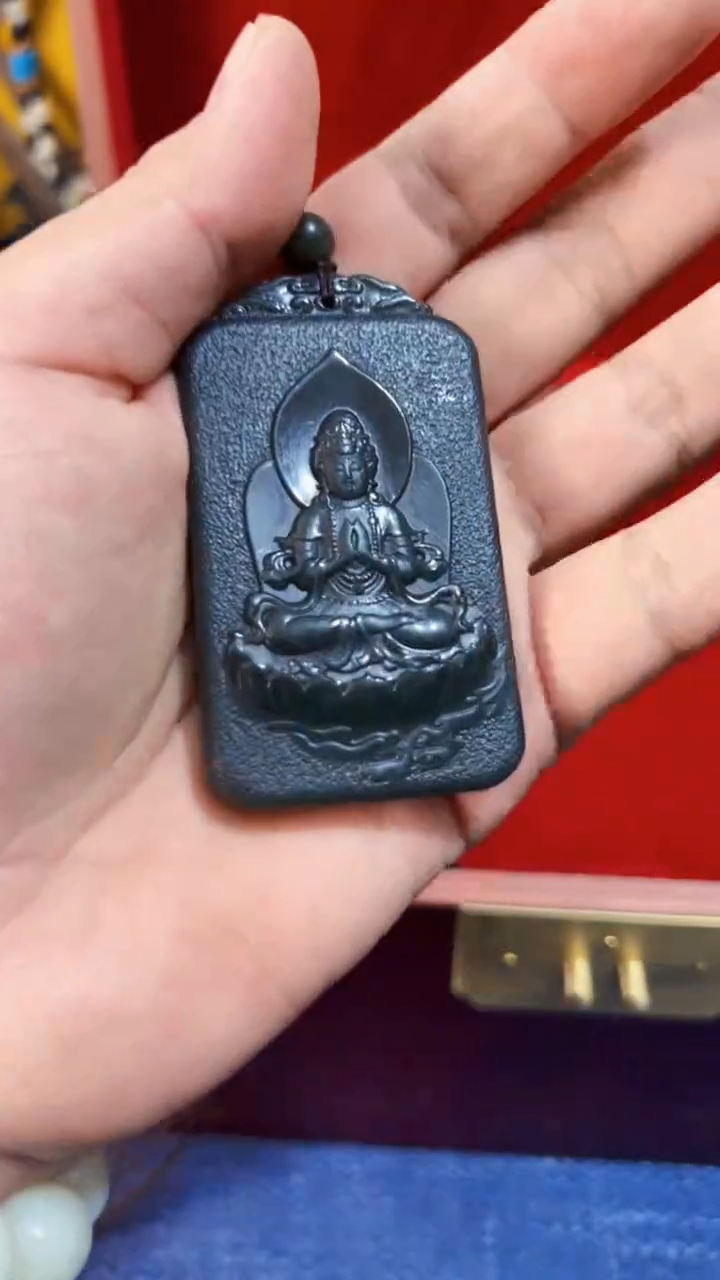 和田玉未镶嵌挂件和田 黑青山水观音牌(飞铃文玩)