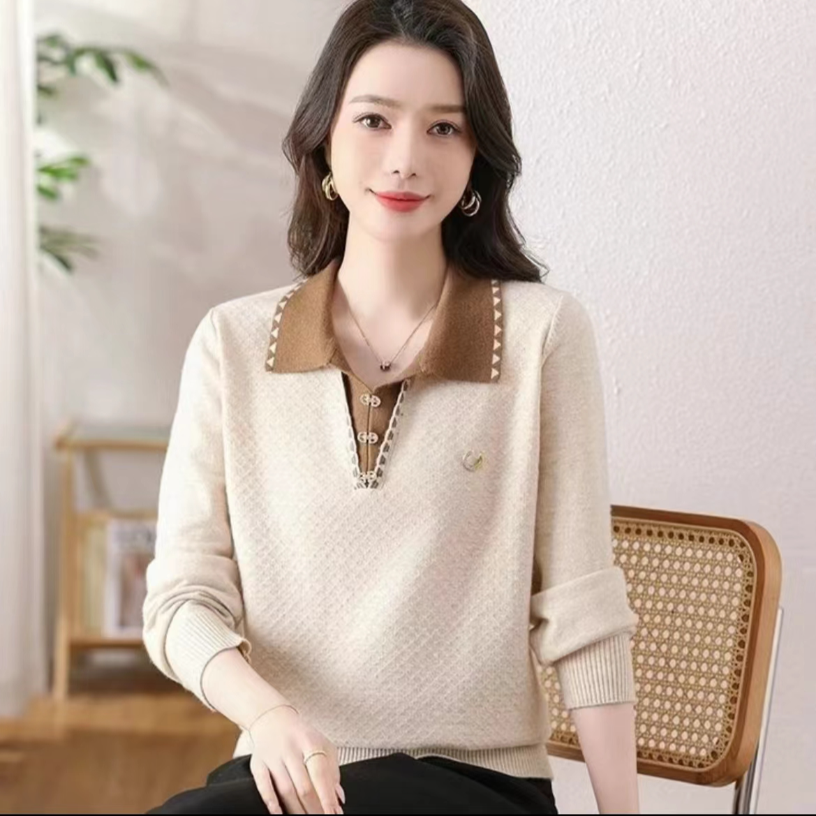 1016妈妈秋装毛衣洋气时尚翻领针织衫中老年女装宽松百搭长袖上衣