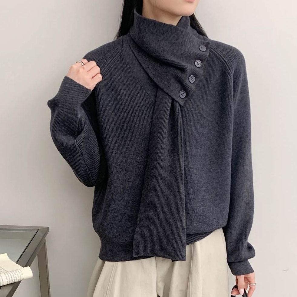 秋冬季新款设计感可拆卸围巾毛衣女宽松显瘦百搭保暖打底上衣2750