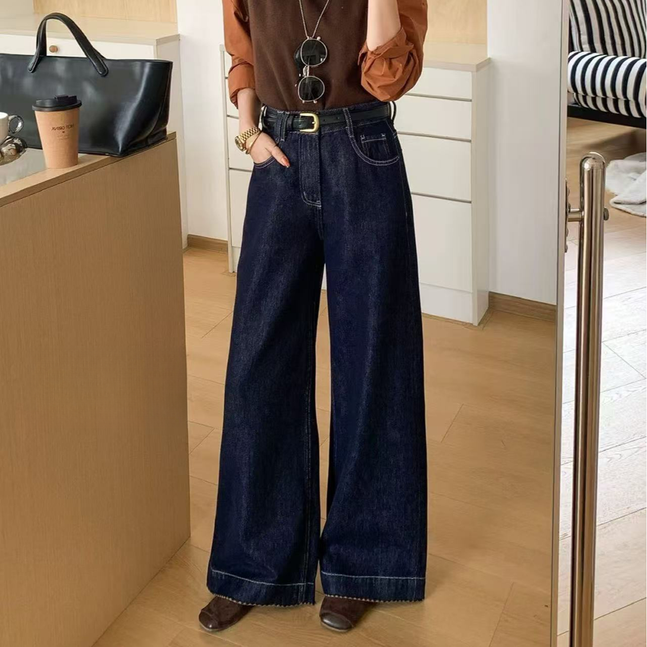 法式简约时尚气质百搭长款牛仔阔腿裤H9448