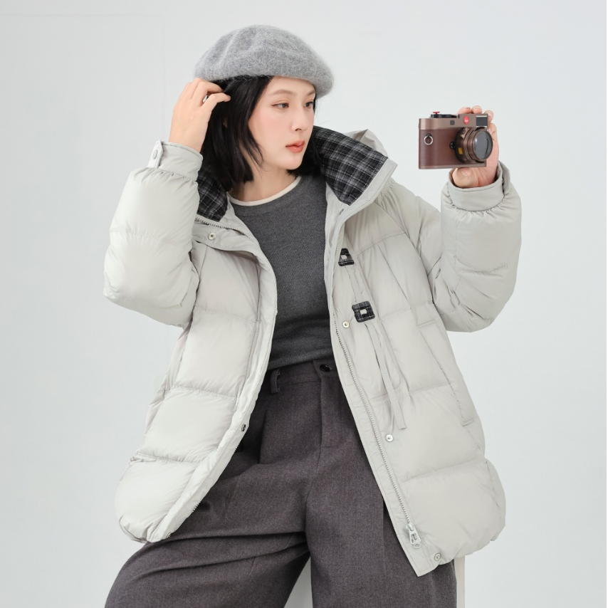 羽绒服女中款一手长加厚格子领撞色连帽面包服冬季新款外套26016