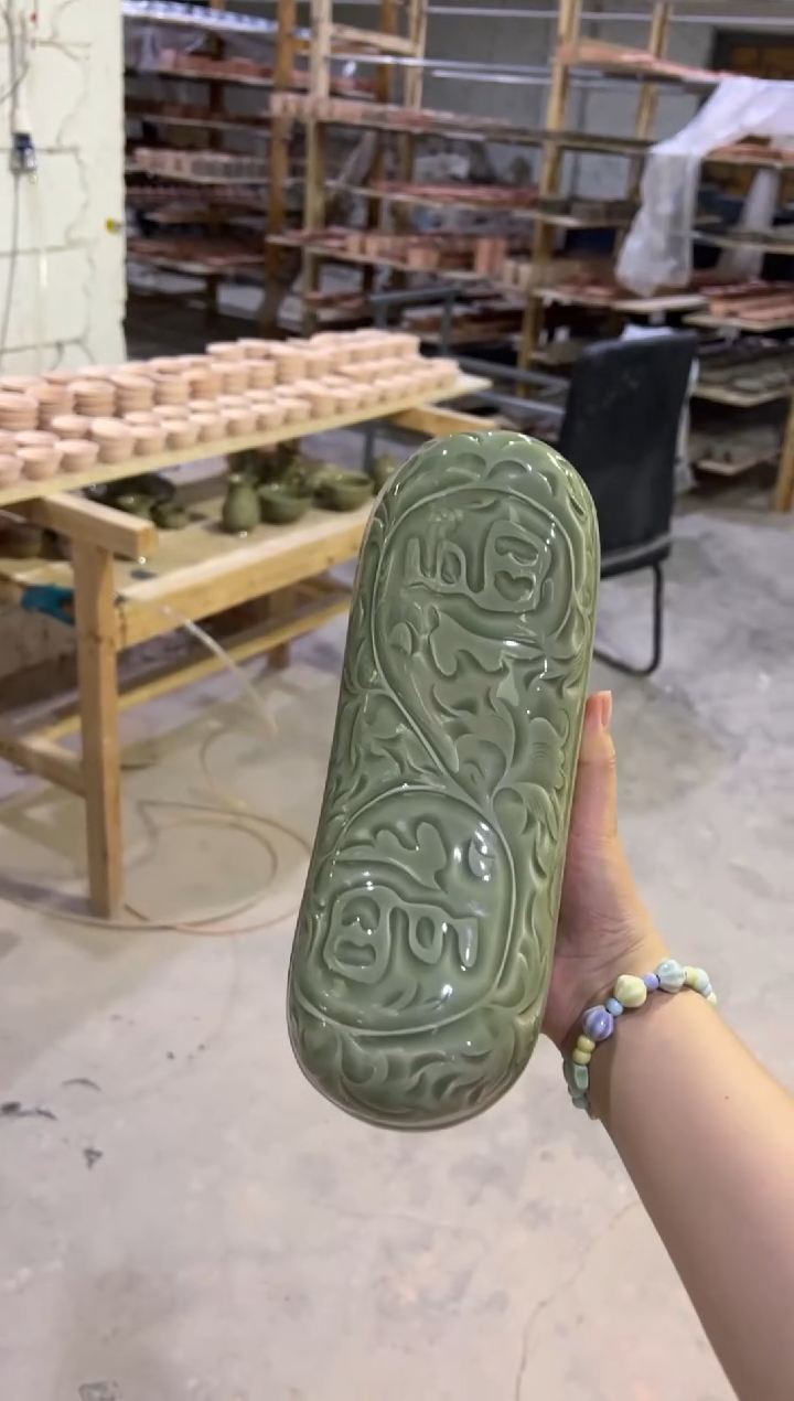 耀州窑青瓷大师手刻福字枕头