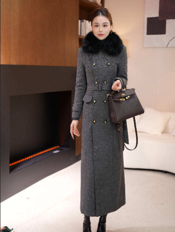 加厚秋冬中长款女肩正袖毛呢外套收腰气质呢修身大衣TB2522