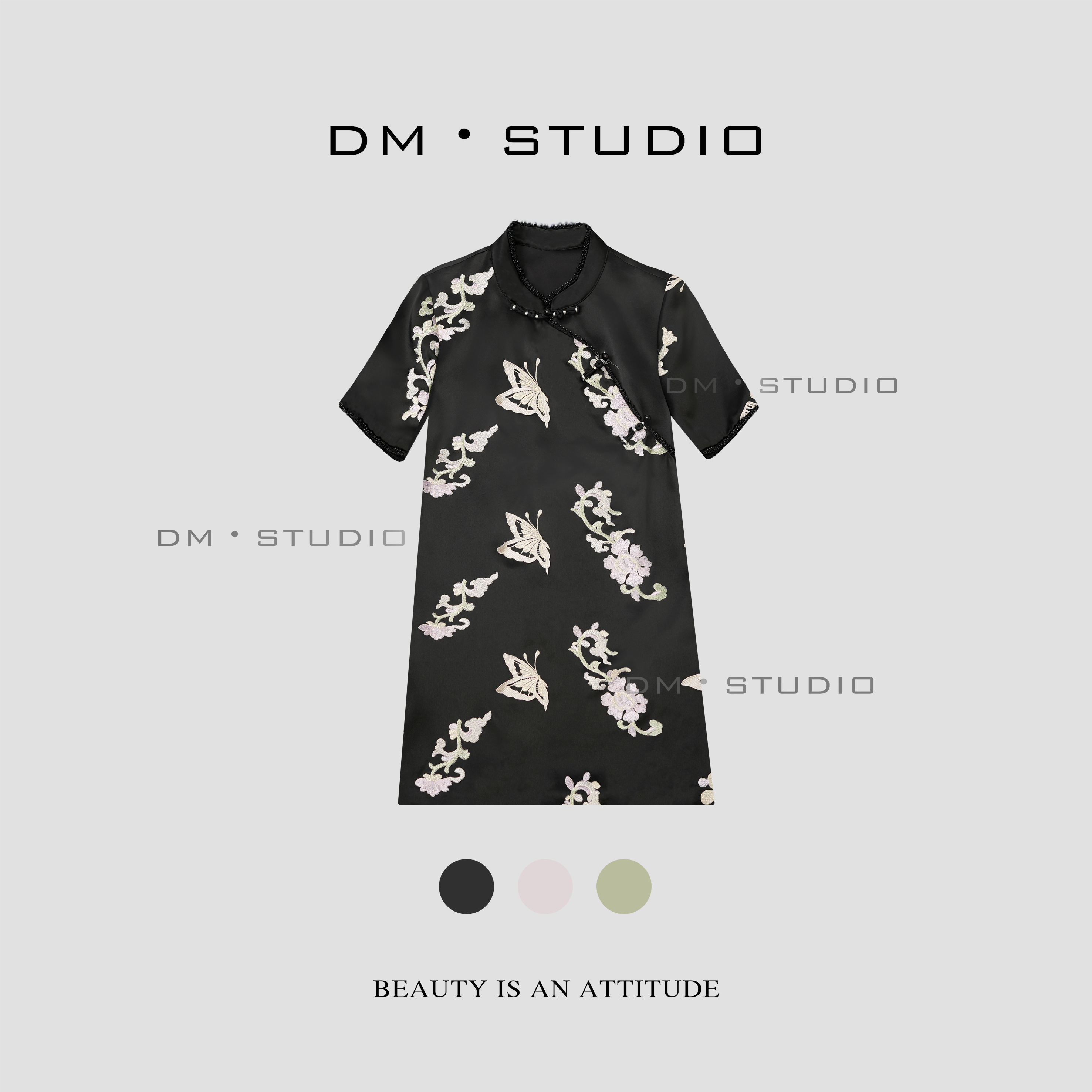 DM•STUDIO/新中式国风重工盘扣优雅风蝴蝶夏季连衣裙（00005）