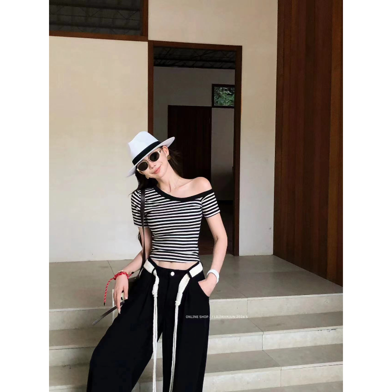 【婉君】夏季韩系不规则露肩辣妹条纹短袖上衣LWJ24B2T1377