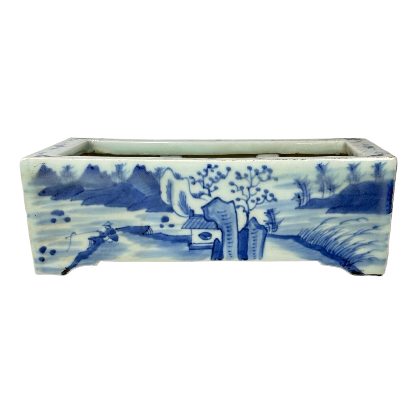 青花山水人物四方水仙盆7198
