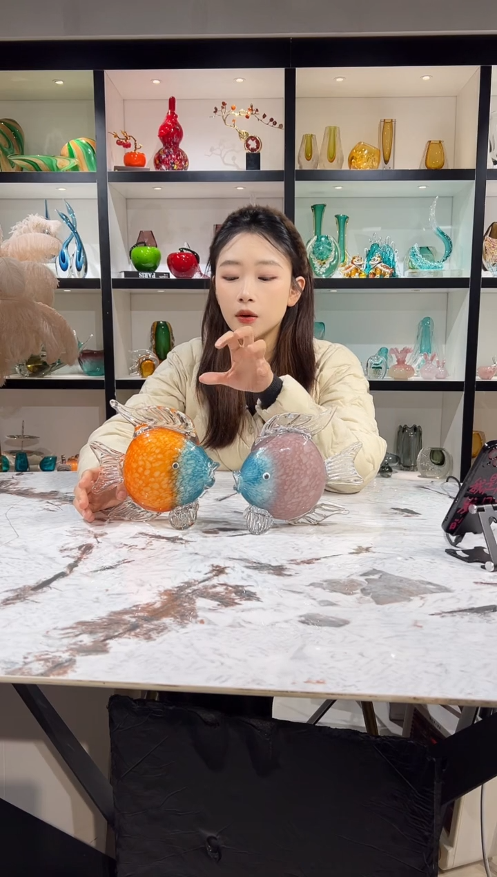 琉璃小鱼摆件一对
