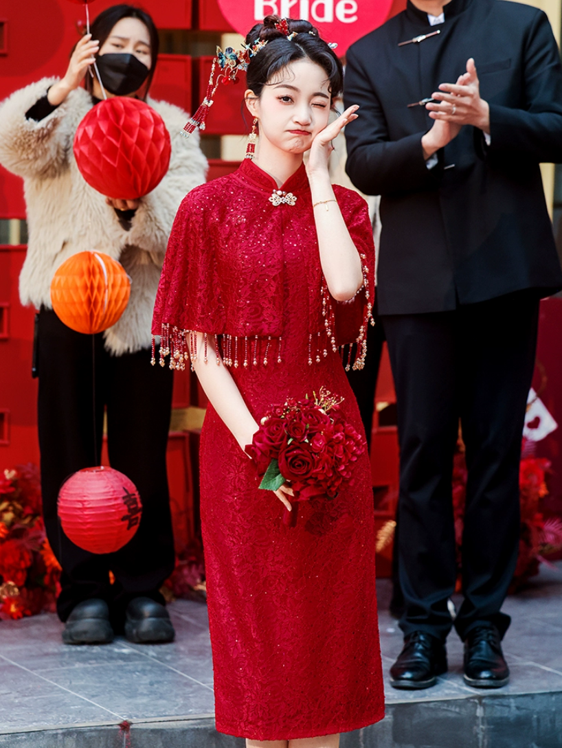 【云叠锦袍】红色旗袍敬酒服2025新款新中式订婚裙结婚小个子蕾丝