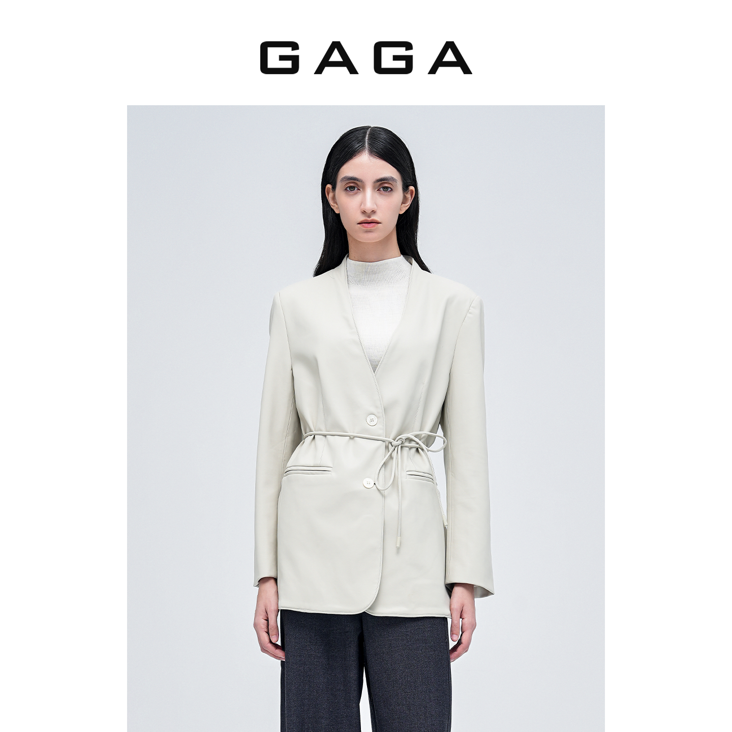 GAGA品牌女装秋季新款高级百搭时尚系带收腰无领PU外套G53C46020