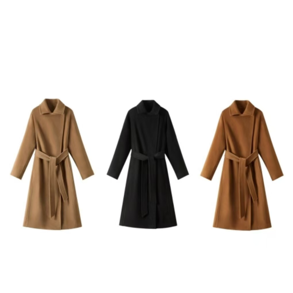 秋冬毛呢外套青果领双面羊绒大衣女装中长款韩版系带8839