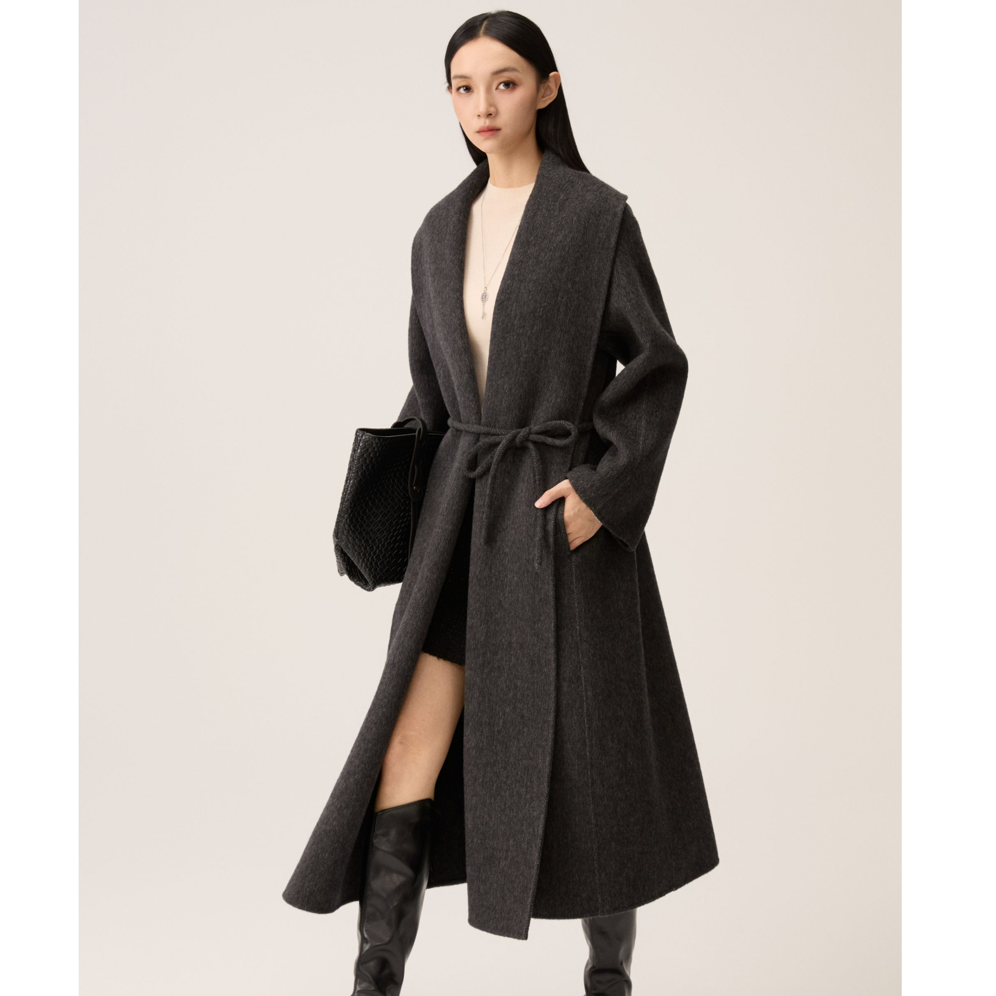 女长款毛呢外套浴袍款双面呢羊毛大衣时尚双面呢外套VNC3CM057