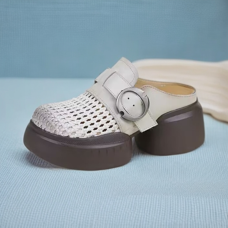 235春夏松糕底中跟包头镂空凉拖透气包头拖坡跟编织平底