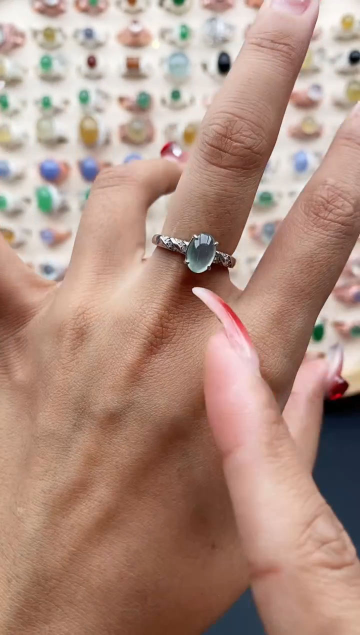 【闪购商品】翡翠戒指银S925镶嵌缅甸天然A货翡翠222 3+7