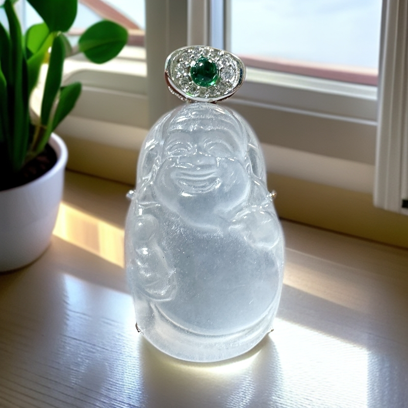 【鼎峰珠宝】天然俄料高冰石英质玉黑钢镶嵌财神爷吊坠气质时尚