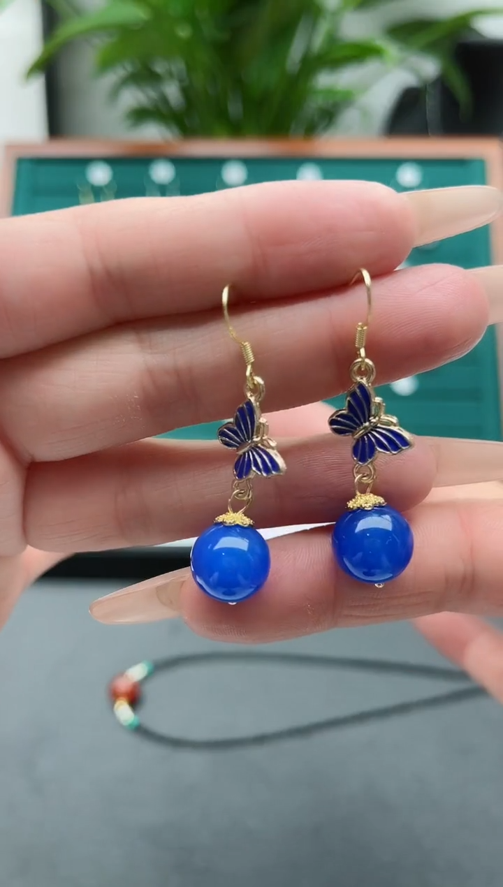 【闪购商品】玛瑙/玉髓耳饰银S925镶嵌1051蓝色蝴蝶