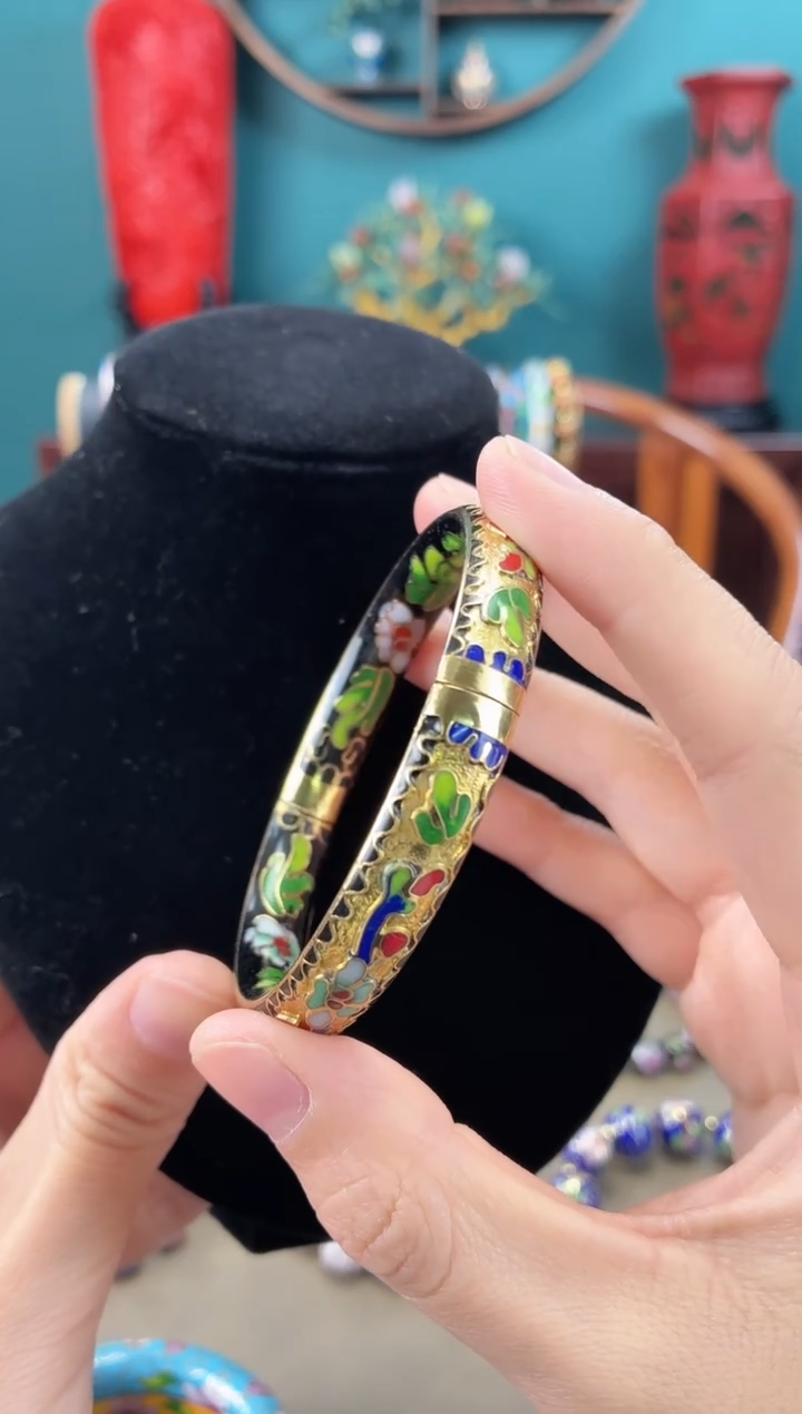 海**线非遗 景泰蓝开口镯 金地黑色