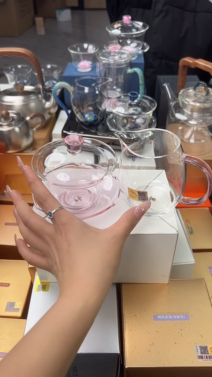 @@禾器晶彩荷叶盖碗浅粉色+澄然粉色