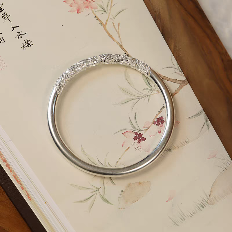 足银手镯 末上花开·荷 润土匠心足银999手工圆条开口实心刻字手镯