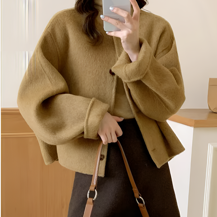 Hodo/红豆圆领小香风大衣女短款秋冬韩版高端气质宽松毛呢外套