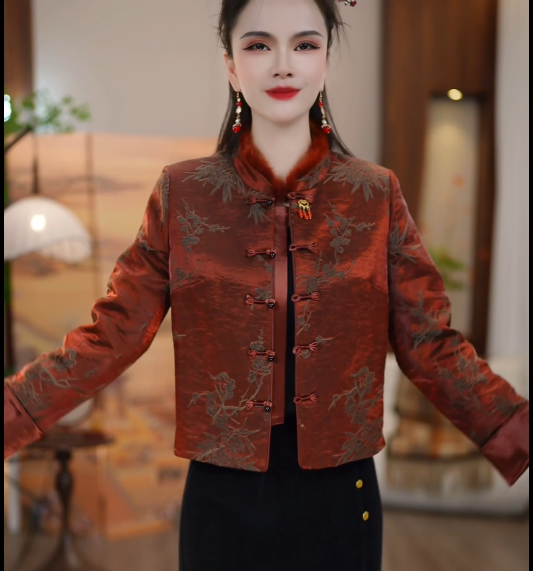 2025冬款花鸟纹新中式石榴红国风保暖外套