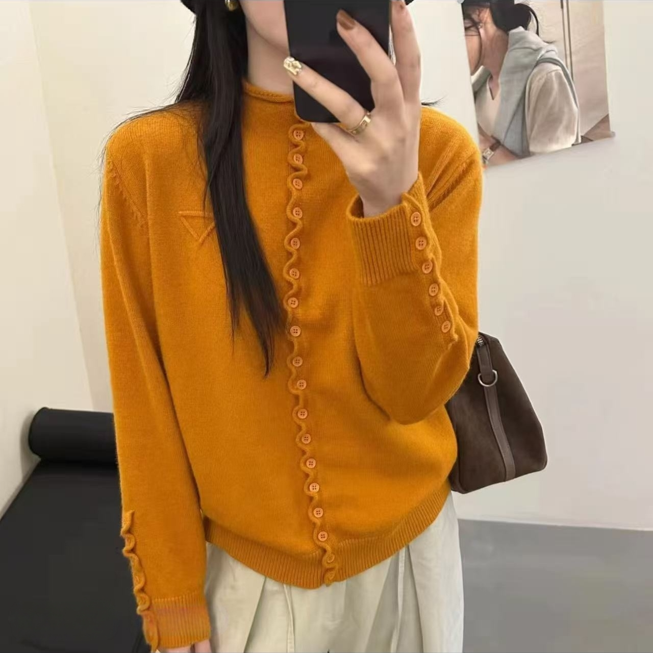 【运费补贴】倒三角橘黄色针织开衫女毛衣外套宽松上衣