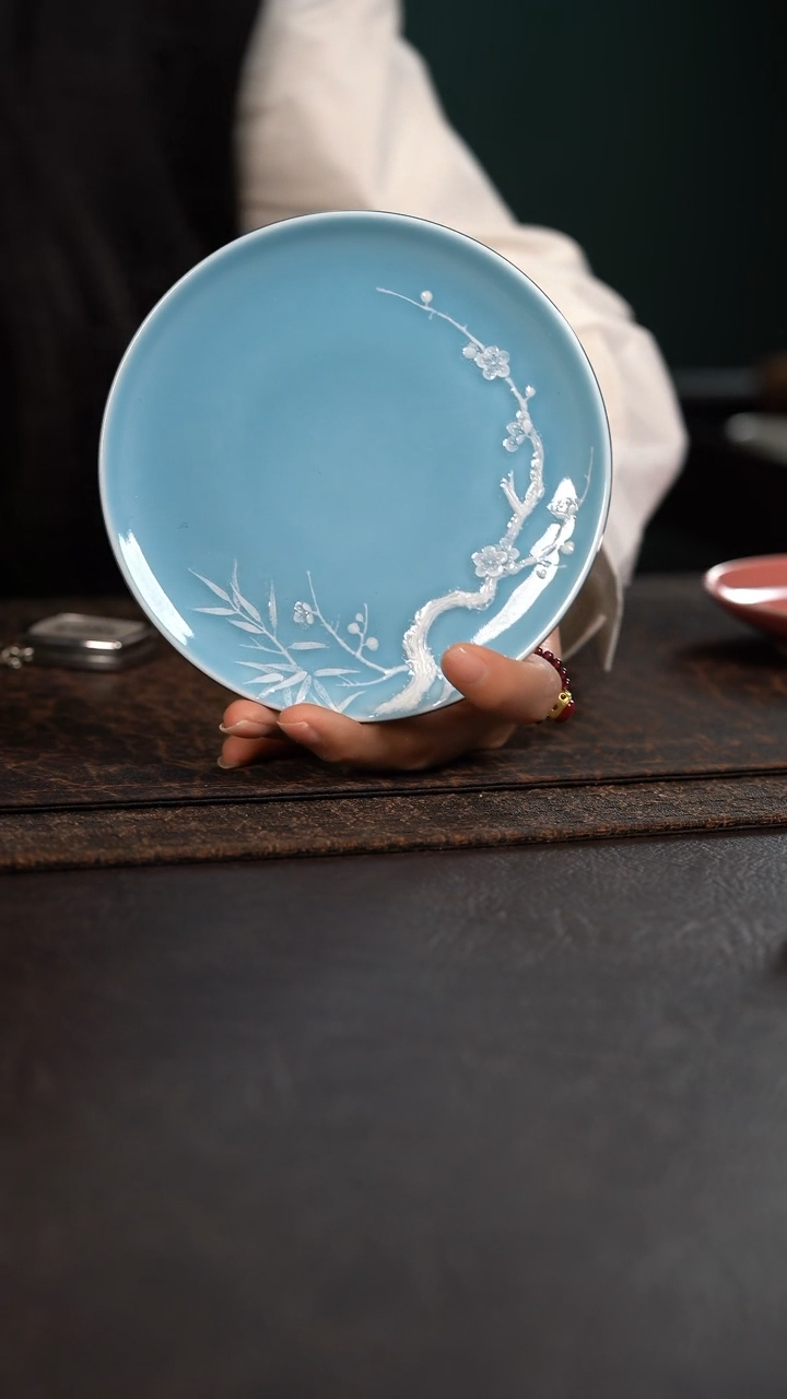 【闪购商品】杯采莲图天青梅花壶承