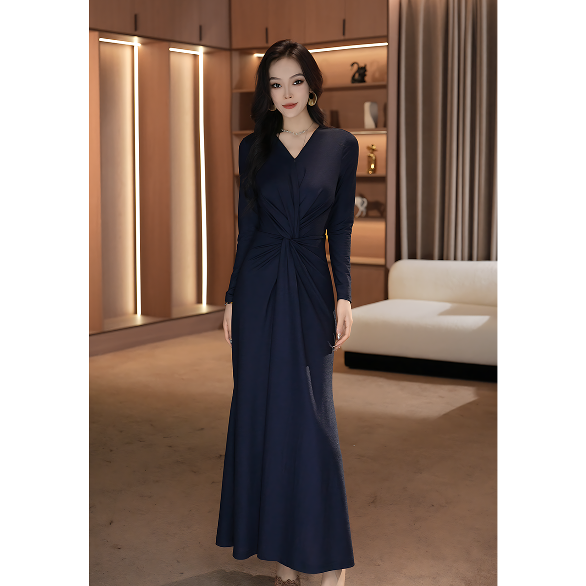 阳阳【美人鱼】春夏法式优雅性感v领收腰连衣裙-Y312045