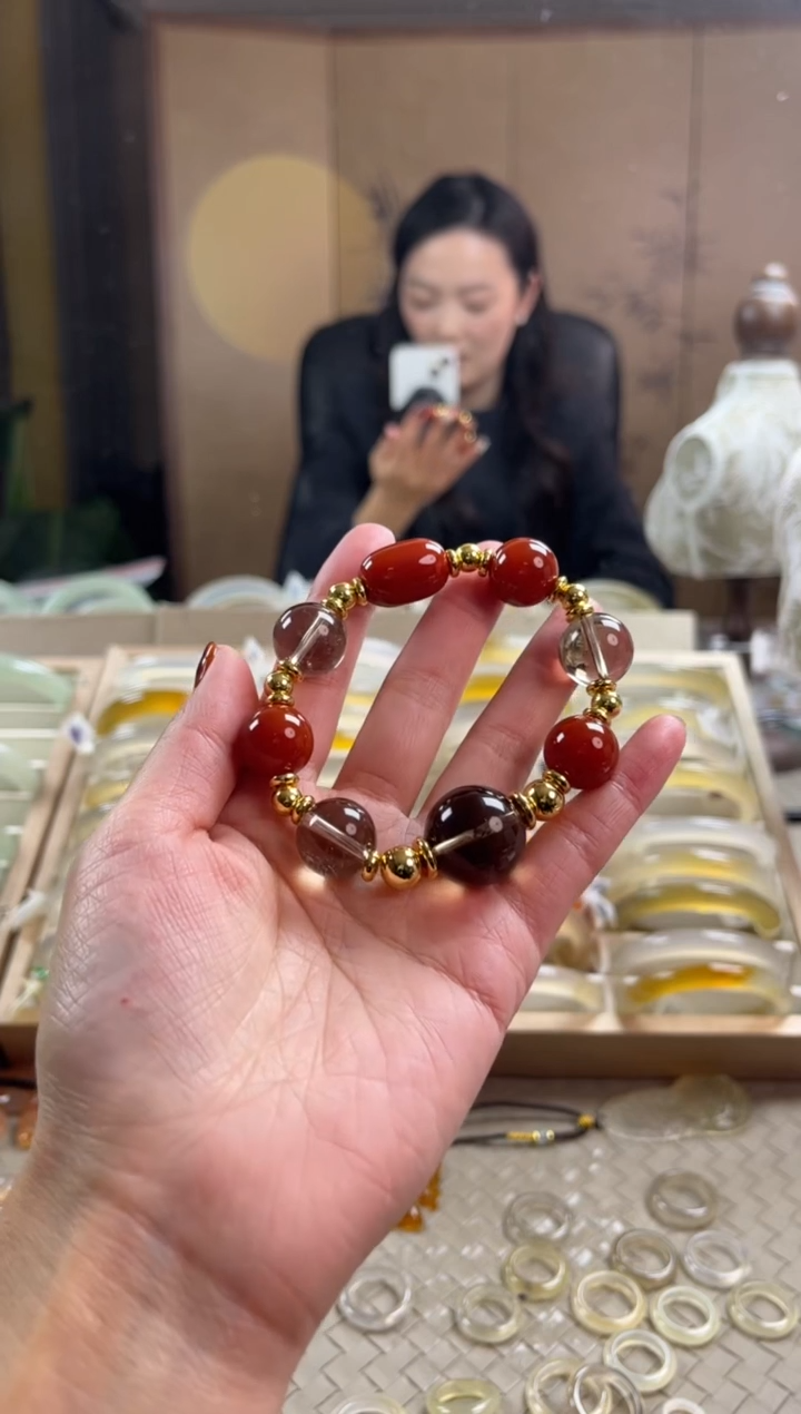 手镯玛瑙/玉髓未镶嵌冰曜石加红玛瑙老钱风手链