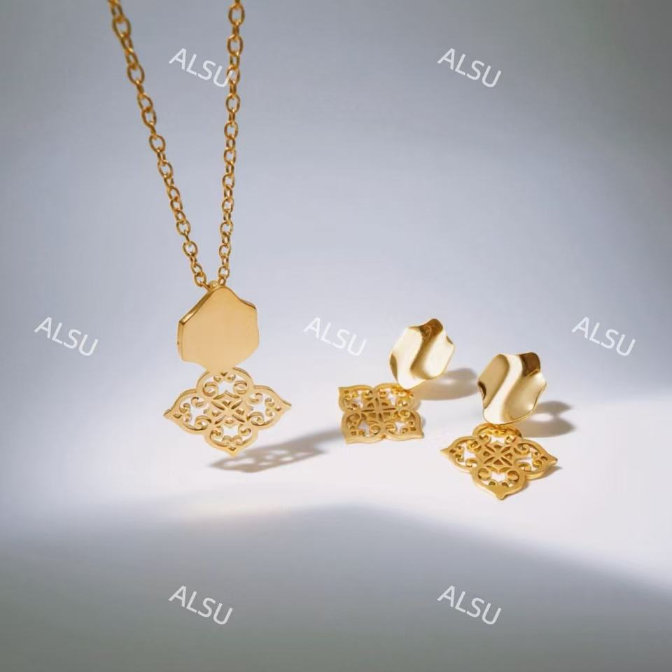 合金项链 ALSU原创新款经典民族风简约项链耳钉两件套个性时尚