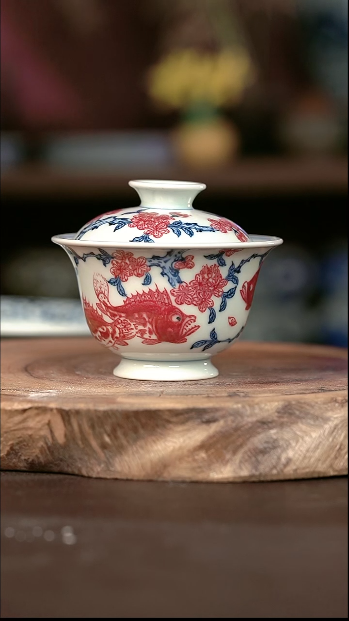手绘 高温现代瓷  气窑  有暇 桃花鳜鱼肥高足130C