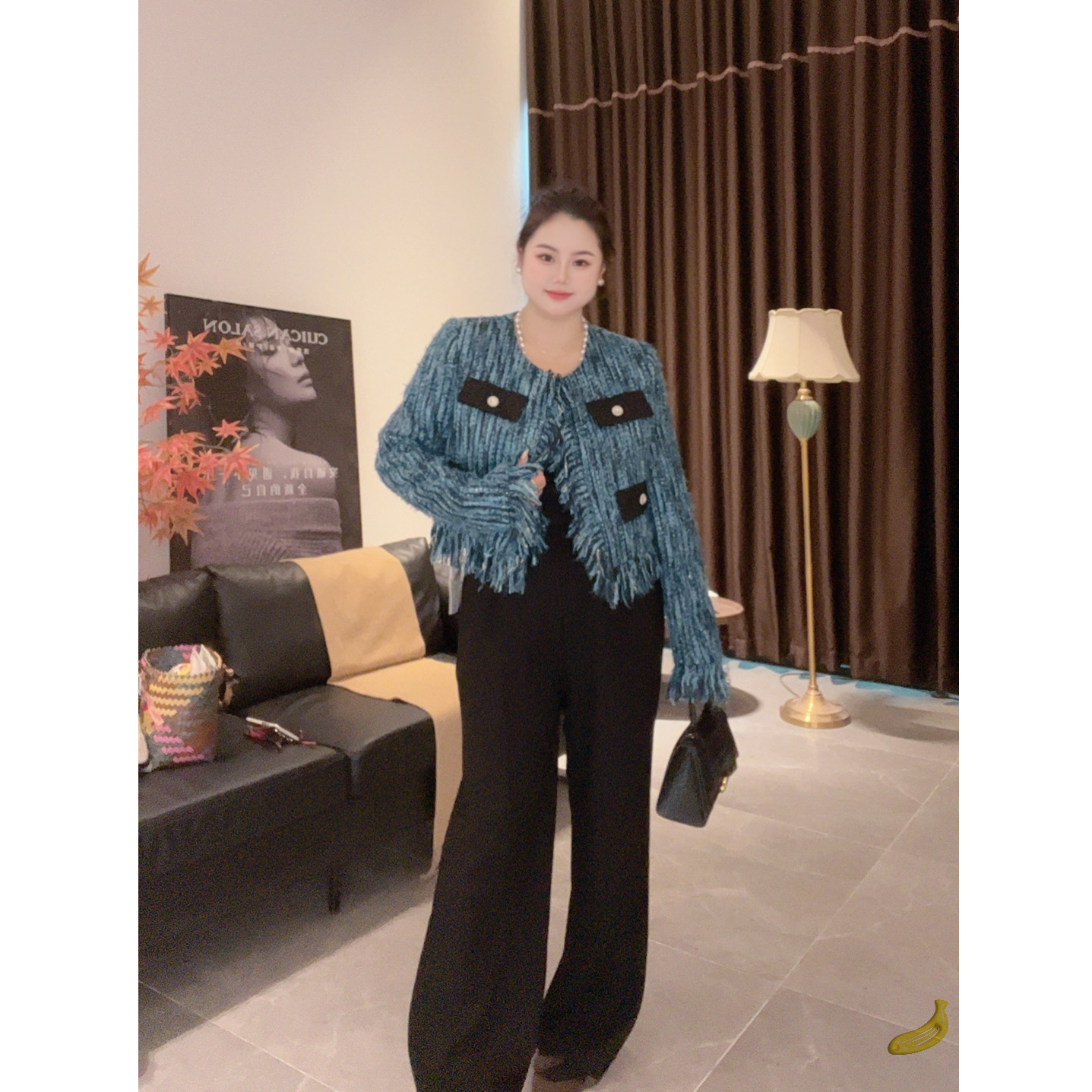 【朵拉】大码充绒小香风外套女冬季松紧腰加绒加厚阔腿宽松长裤套装