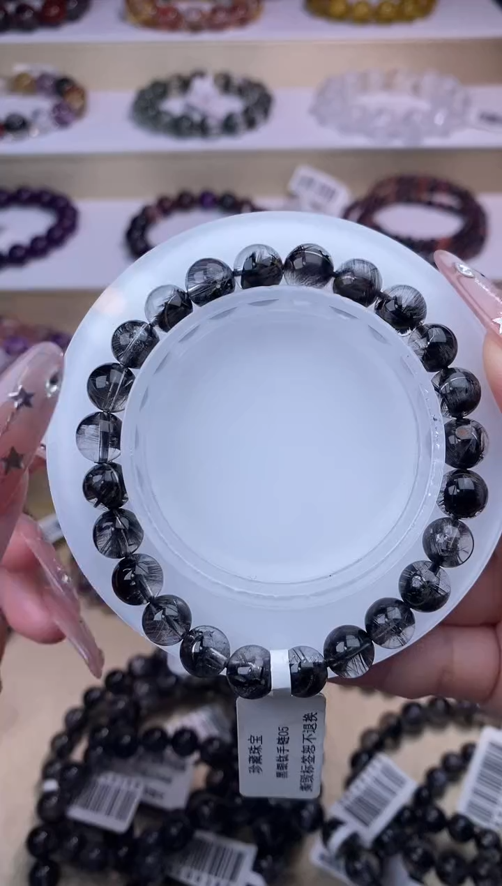 水晶手链未镶嵌黑银钛8单圈m+