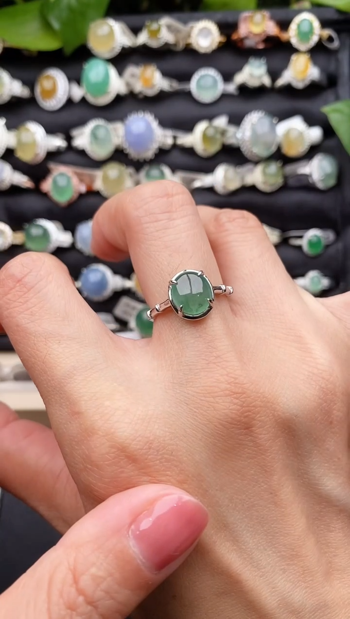 【闪购商品】翡翠戒指银S925镶嵌缅甸天然A货翡翠33  4-4