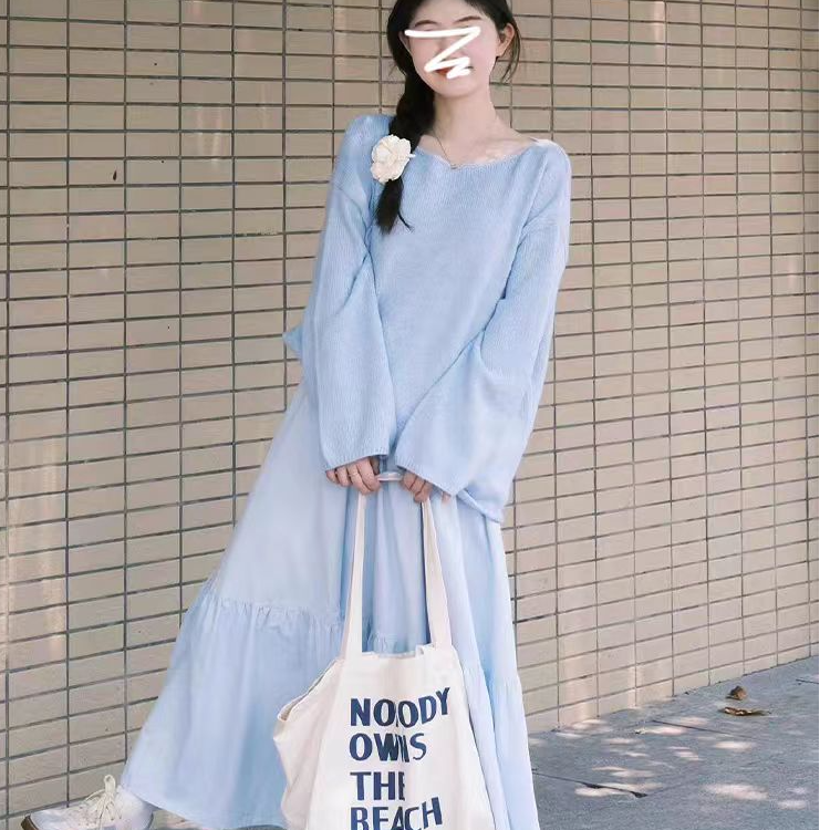 温柔韩系穿搭一整套蓝色裙子女2025新款早春季高级感套装长裙1139