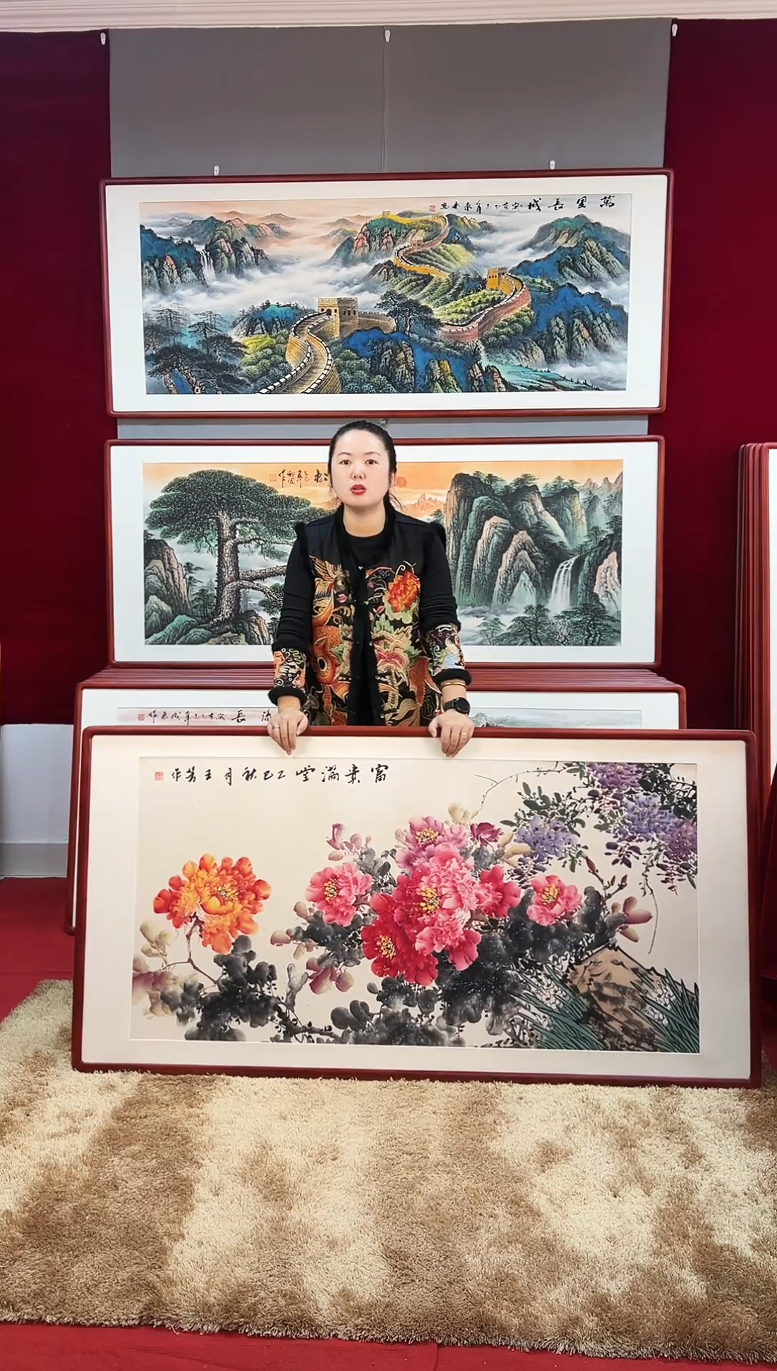 国画手绘牡丹163*83尺寸