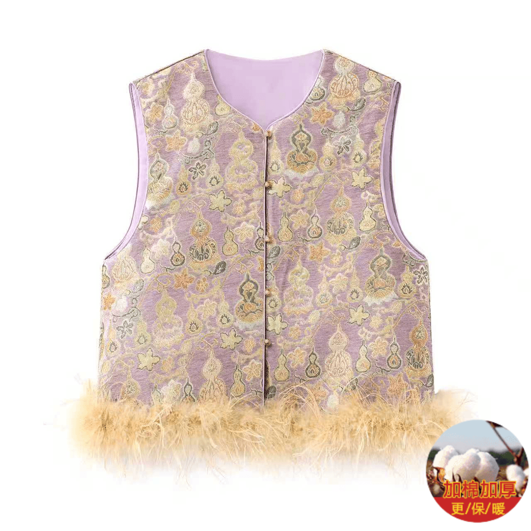[可脱卸]秋冬新款加棉中式国风复古高定驼鸟毛锦提花盘扣百搭马甲