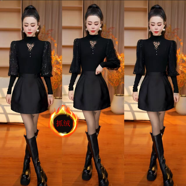  芮泥坊 冬季加绒时尚亮片蕾丝袖心型设计修身减龄百搭打底衫6610