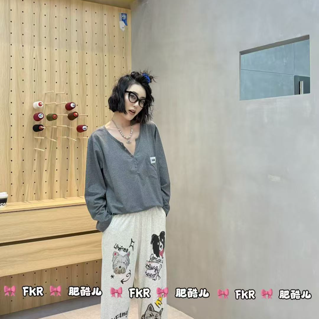 秋季新款女大码纯棉长袖长裤开领可爱睡衣家居服套装25158