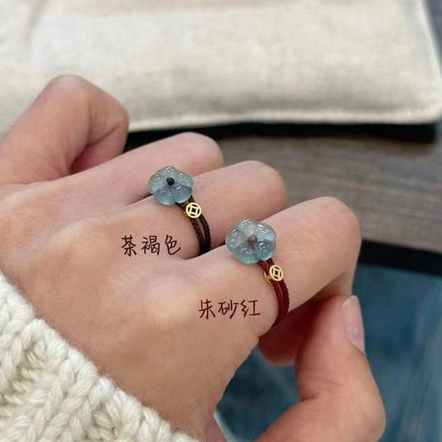 「有钱花」翡翠新中式蓝水手工戒指编织红绳本命年送礼物可调节