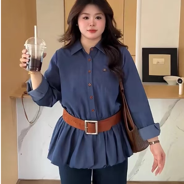 女装复古风翻领单排扣牛仔长袖衬衫2025秋季显瘦百搭上衣68218