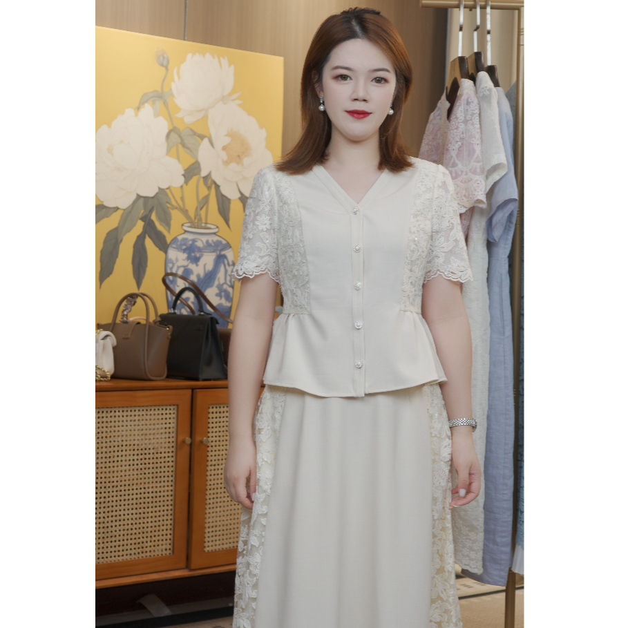 杏色蕾丝拼接上衣收腰半身裙女两件套2025夏季新款时尚优雅套装裙