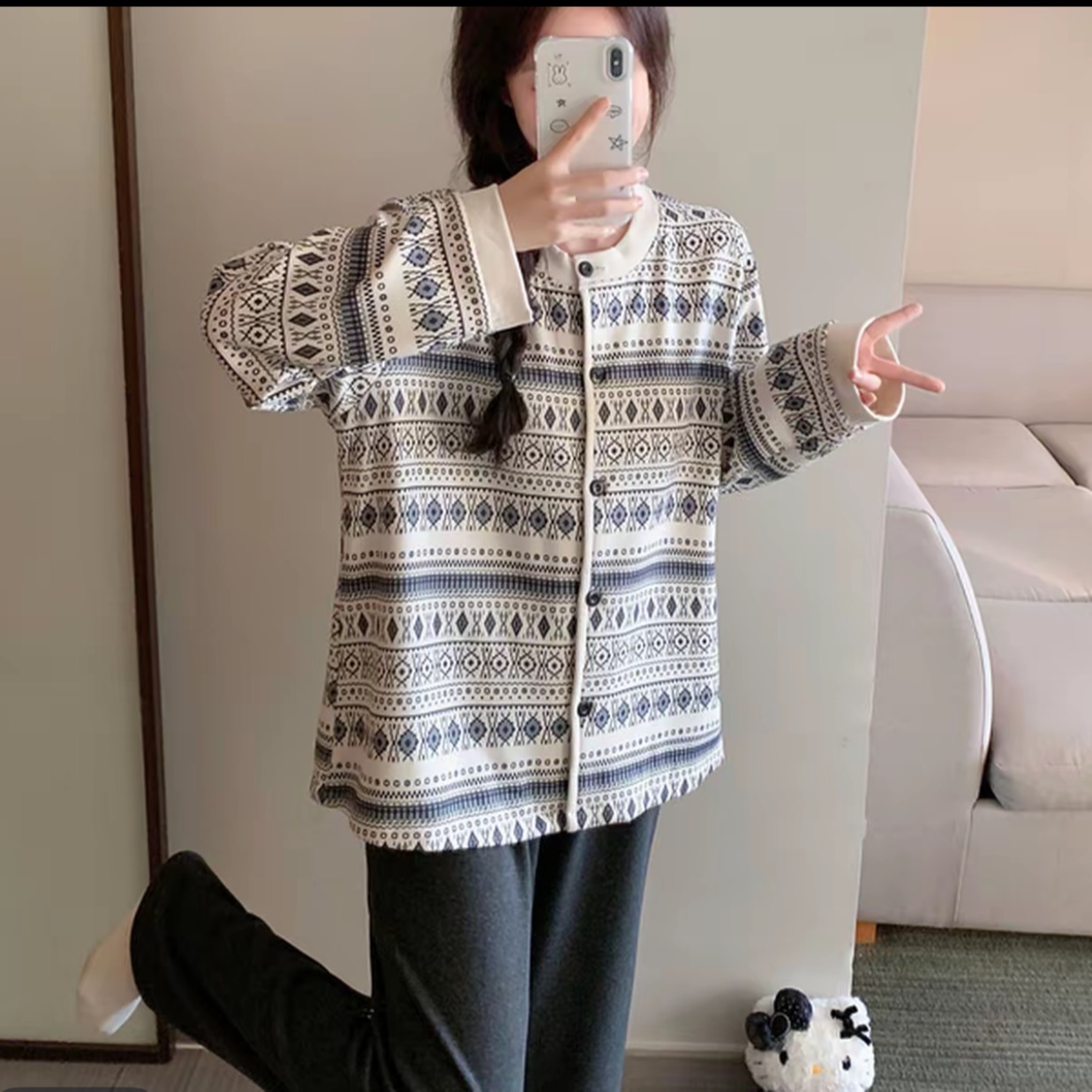 123-秋冬季女款复古灰白开衫长袖长裤家居服套装