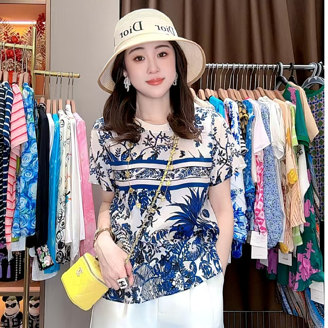 【丝芙玉禄】（F489）100%真丝双绉创意蓝花桑蚕丝t恤上衣