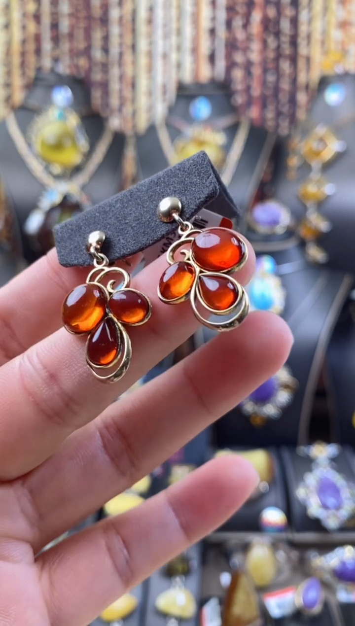 银S925镶嵌琥珀耳饰耳环
