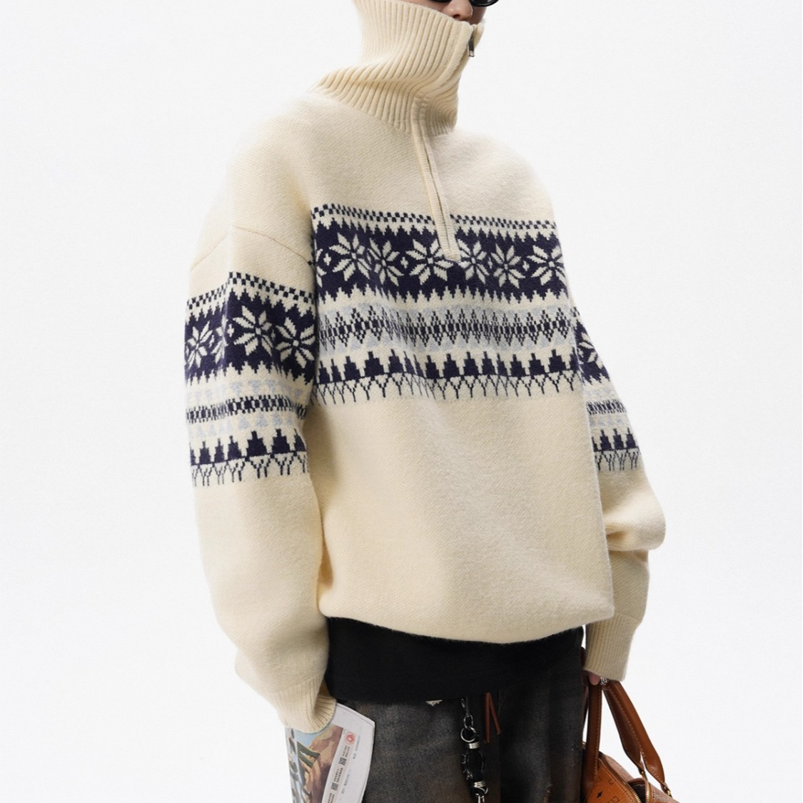 WONST复古半拉链高领毛衣男女费尔岛慵懒套头针织上衣红色百搭