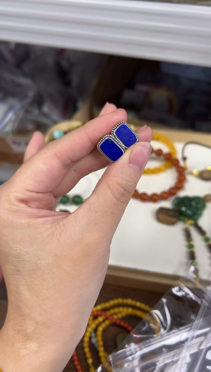 银S925镶嵌青金石耳饰@**吖孤品青金石方块银镶嵌耳钉[2608]