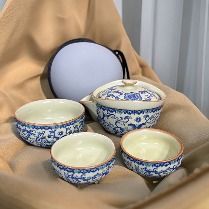 宝瓶便携式快客杯大号茶具露营车载户外茶具伴手礼一壶三杯陶瓷